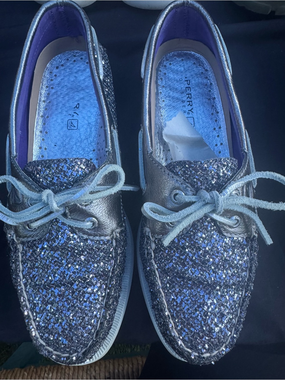 Sperry Women's Glitter Moccasins in Silver and Blue